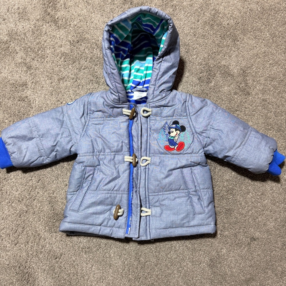 Disney Baby Mickey Mouse Mountain Trail Blue Hooded Puffer Toggle Jacket 12-18M